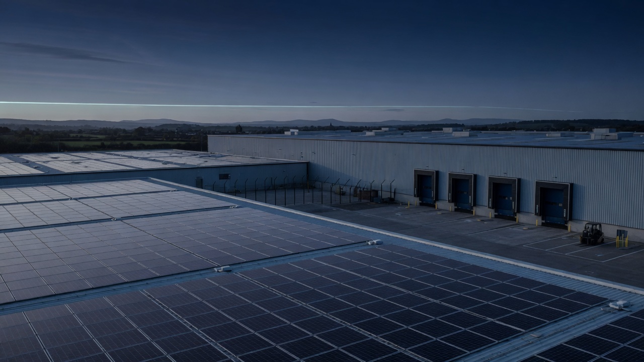 Industrial works roof with photovoltaic array at dawn